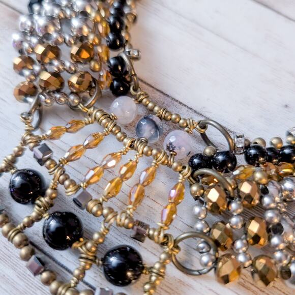 Anthropologie Pam Hiram Necklace Black & Gold Tone Glass Beaded Choker Bib - Picture 7 of 9